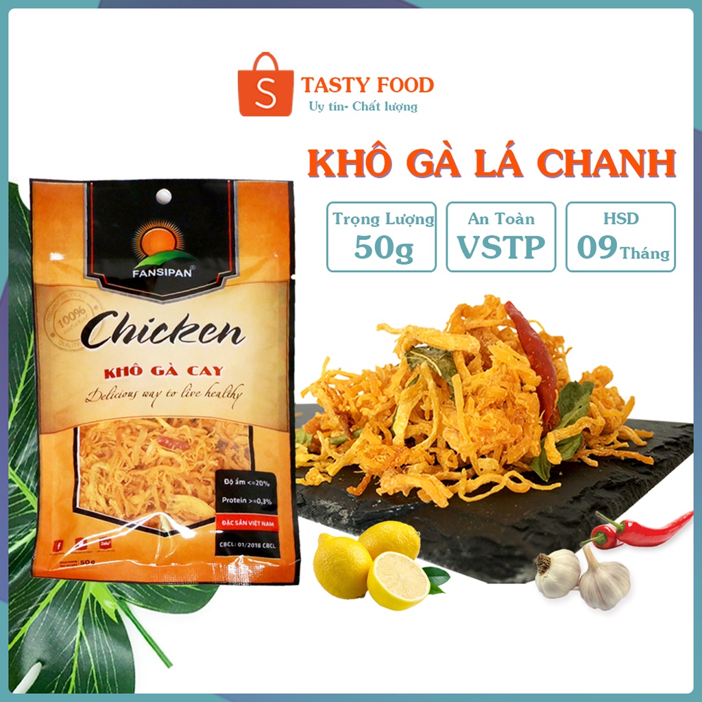 [COMBO 2 GÓI] KHÔ GÀ LÁ CHANH Fanxipan gói 50g cay ngon, gà xé lá chanh loại 1 cao cấp, khô gà xé cay tỏi ớt Tasty Food