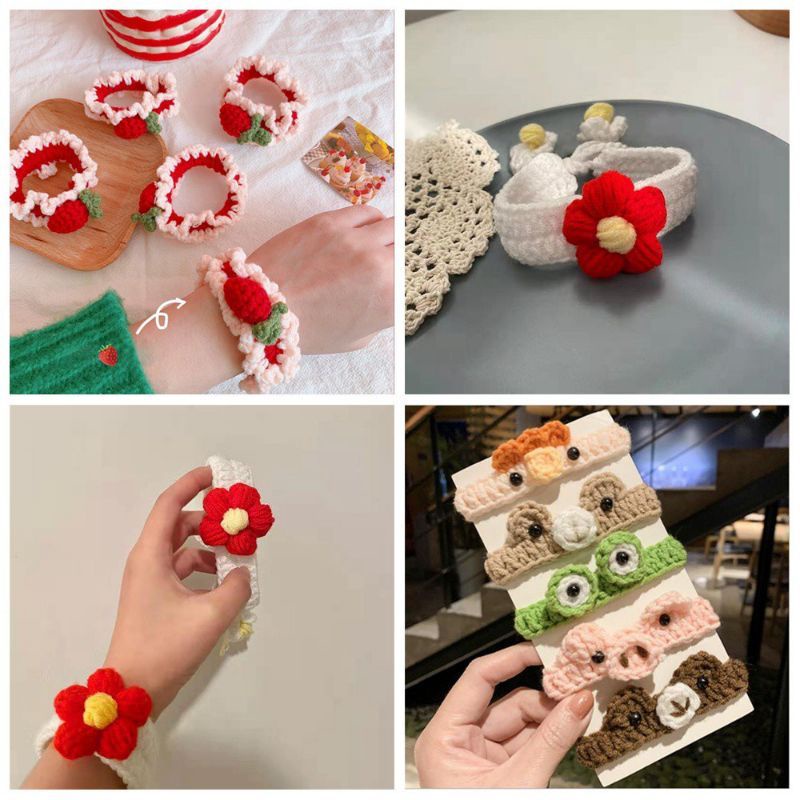 vòng đeo tay đan len thiết kế hình thú ếch, cà rốt, tai thỏ, gấu, dâu tây...dễ thương
