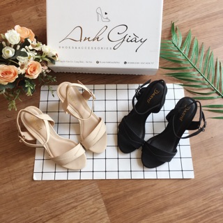 Sandal quai ngang da lì VNXK gót trụ 7p