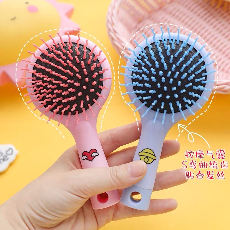 Lược gai massage gỡ gối tóc mini cầm tay kèm gương 2 trong 1 in hình siêu cute nhiều màu dể thương cho nữ LMSG047