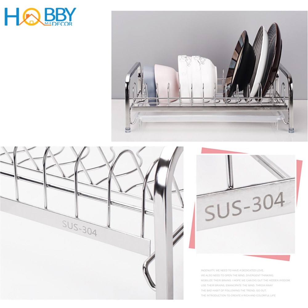 Kệ úp đĩa lớn nhỏ Inox 304 HOBBY Home Decor KUD14 - không rỉ có và khay hứng nước