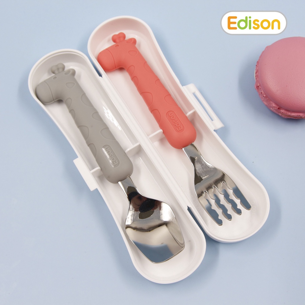Bộ thìa nĩa ăn dặm cho bé inox 304 chống gỉ bọc silicon BPA Free có hộp đựng hình hươu cao cổ Edison 5318/5325