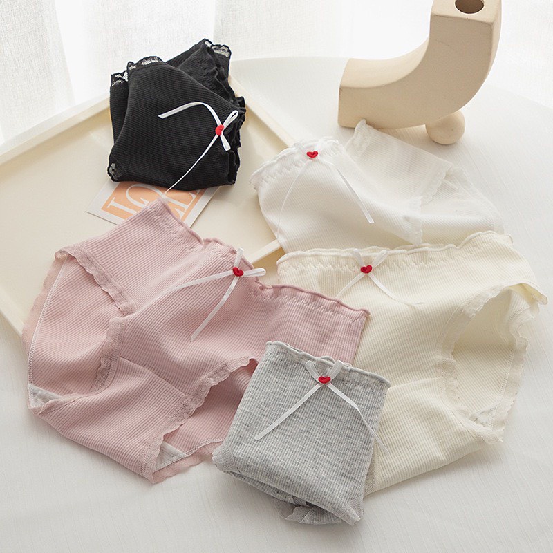 Quần Lót Nữ Cotton Tăm Viền Ren Kháng Khuẩn Tim Phối Nơ Dễ Thương m2380