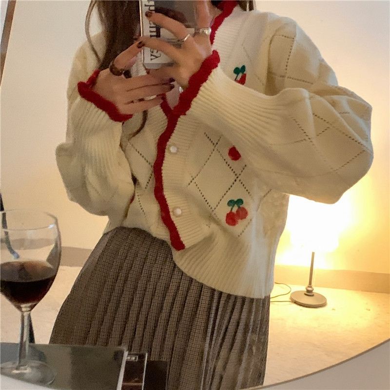 Áo khoác cardigan dệt kim phối ren thêu hình quả anh đào phong cách Hàn Quốc dễ thương