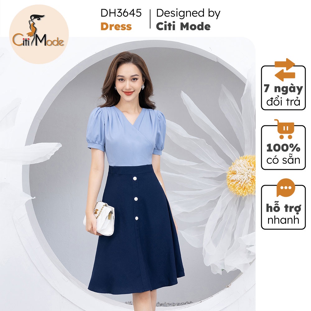 Đầm xòe nữ CITI MODE xanh phối 2 màu cổ V tay bồng DH3645