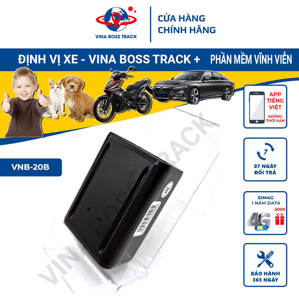 Thiết bị định vị ô tô xe máy Vina Boss Track-VNB20B, phần mềm miễn phí, bảo hành 12 tháng, ưu đãi mua sim 4G data 1 năm