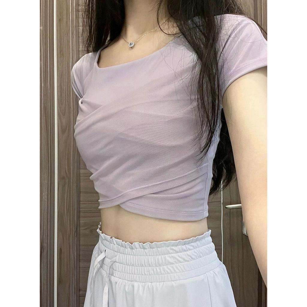 QOEDDV Áo Croptop Cổ Vuông Tay Ngắn Dáng Ôm Màu Tím Thời Trang Mùa Hè Dành Cho Bạn Nữ