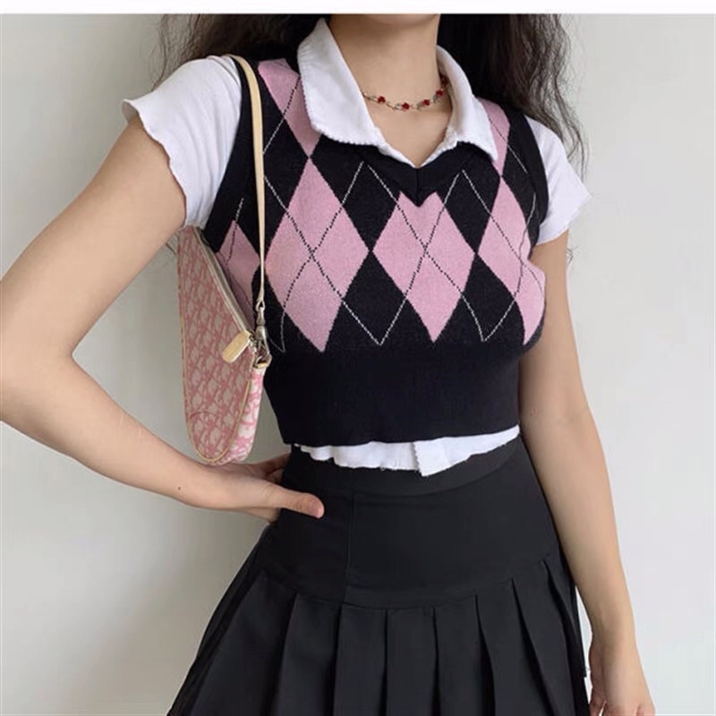 Áo vest gile len dệt kim croptop in 2 mặt hình thoi idol Rosé Hồng/Đen/Nâu