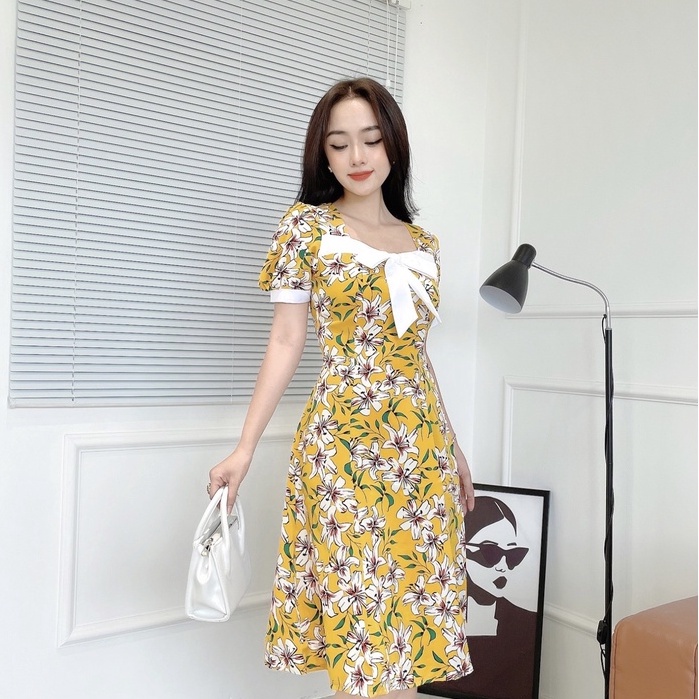 Đầm Hoa NHẬT VY Cổ Vuông Thắt Nơ Kiểu Tay Phồng Chất Mango Đi Chơi Dáng Xòe Màu Xanh, Hồng Trắng - D2262