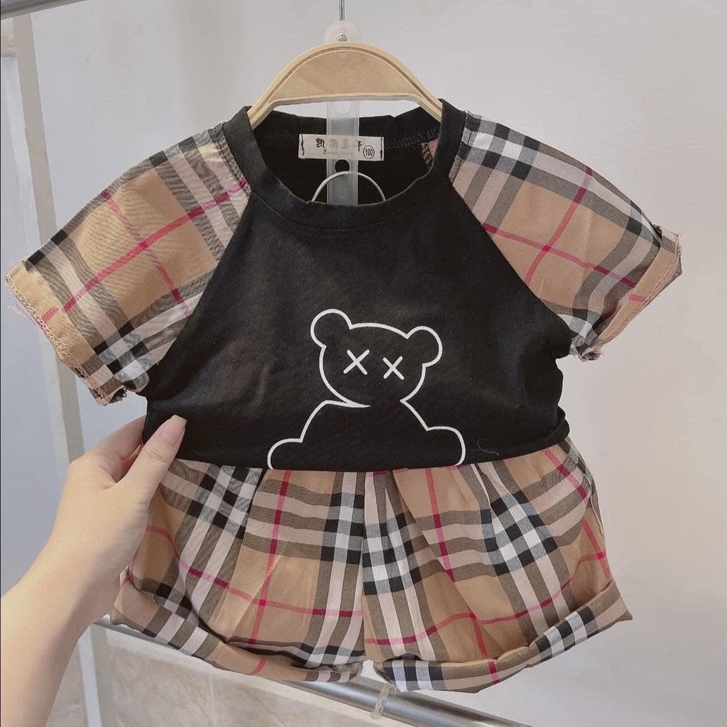 BỘ RAGLAN TAY PHỐI KẺ IN HÌNH GẤU DỄ THƯƠNG CHO BÉ (hàng loại 1)