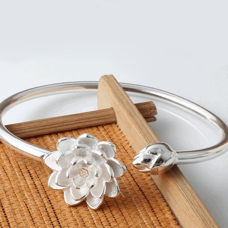 Vòng Đeo Tay Dạng Hở Hình Hoa Sen Màu Bạc Phong Cách retro Hàn Quốc