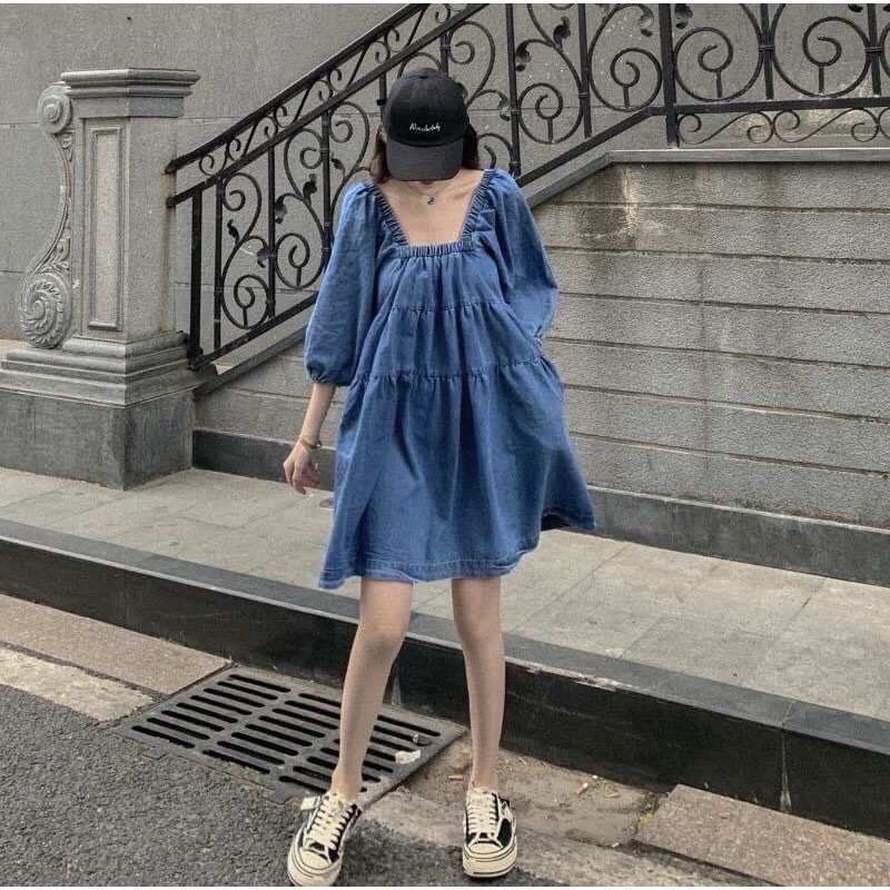 ĐẦM JEANS TAY PHỒNG CỔ U