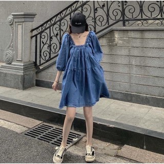 ĐẦM JEANS TAY PHỒNG CỔ U