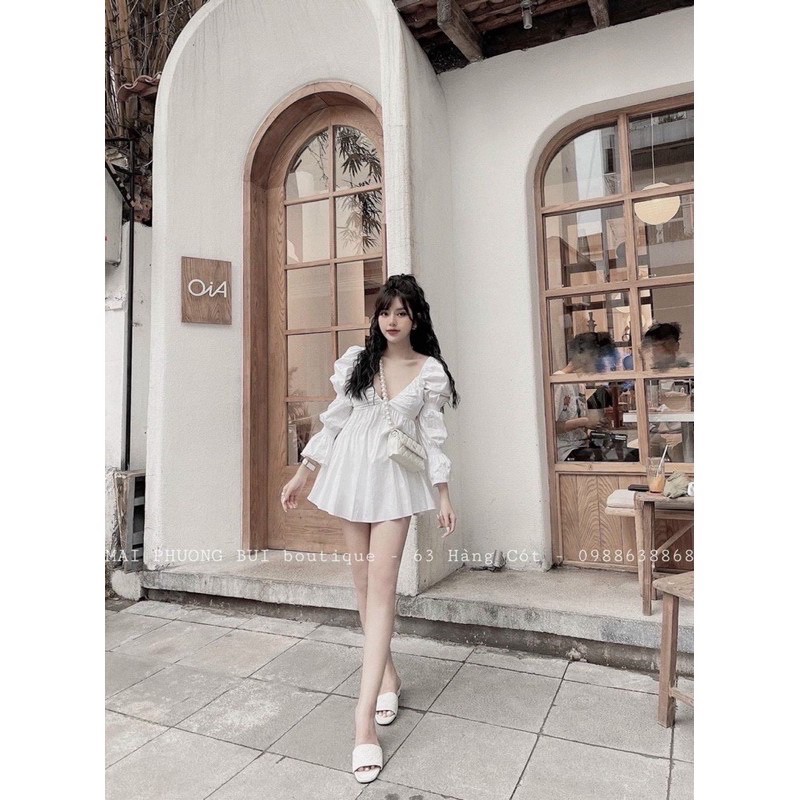 Váy sơ mi tay bồng cổ V tiểu thư cá tính | BigBuy360 - bigbuy360.vn