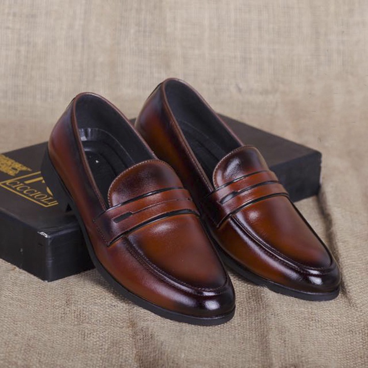 Thanh Lý Giày Lười Nam Chuông Trơn Da Nam Màu Nâu Đen