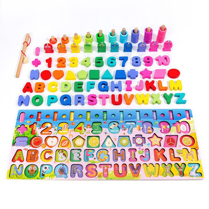 Bộ đồ chơi giáo cụ thông minh Montessori kết hợp ghép chữ số hình dạng nghề nghiệp con vật và câu cá gỗ