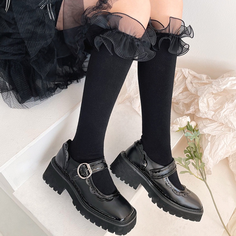 Youyo Vớ Cotton Cổ Cao Phối Ren Bèo Nhún Màu Trơn Phong Cách Lolita Ngọt Ngào Thanh Lịch Cho Nữ