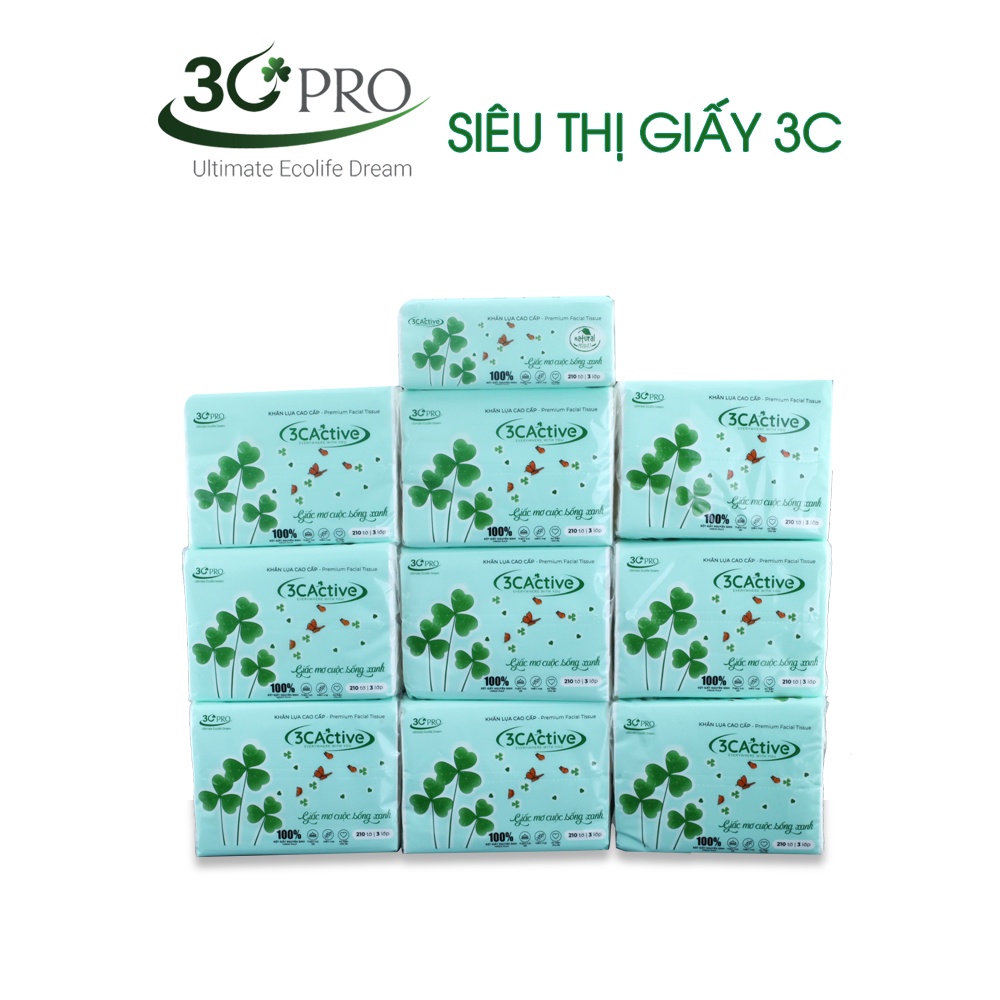 COMBO 10 gói Giấy rút lụa mini cao cấp 3C Active, 100% bột giấy nguyên sinh, 3 lớp siêu mềm, siêu dai