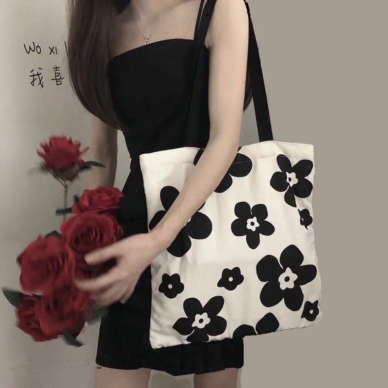 Túi tote vải canvas in hình bông hoa màu đen cho nữ phong cách Nhật Bản, Túi đeo vai in hình bông hoa cá tính