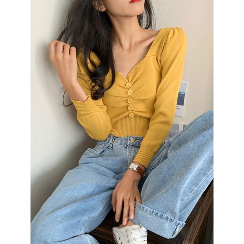 Áo Len Dài Tay Nhún Bèo Cúc Giữa Sang Chảnh Xịn Đẹp Dễ Mix Đồ