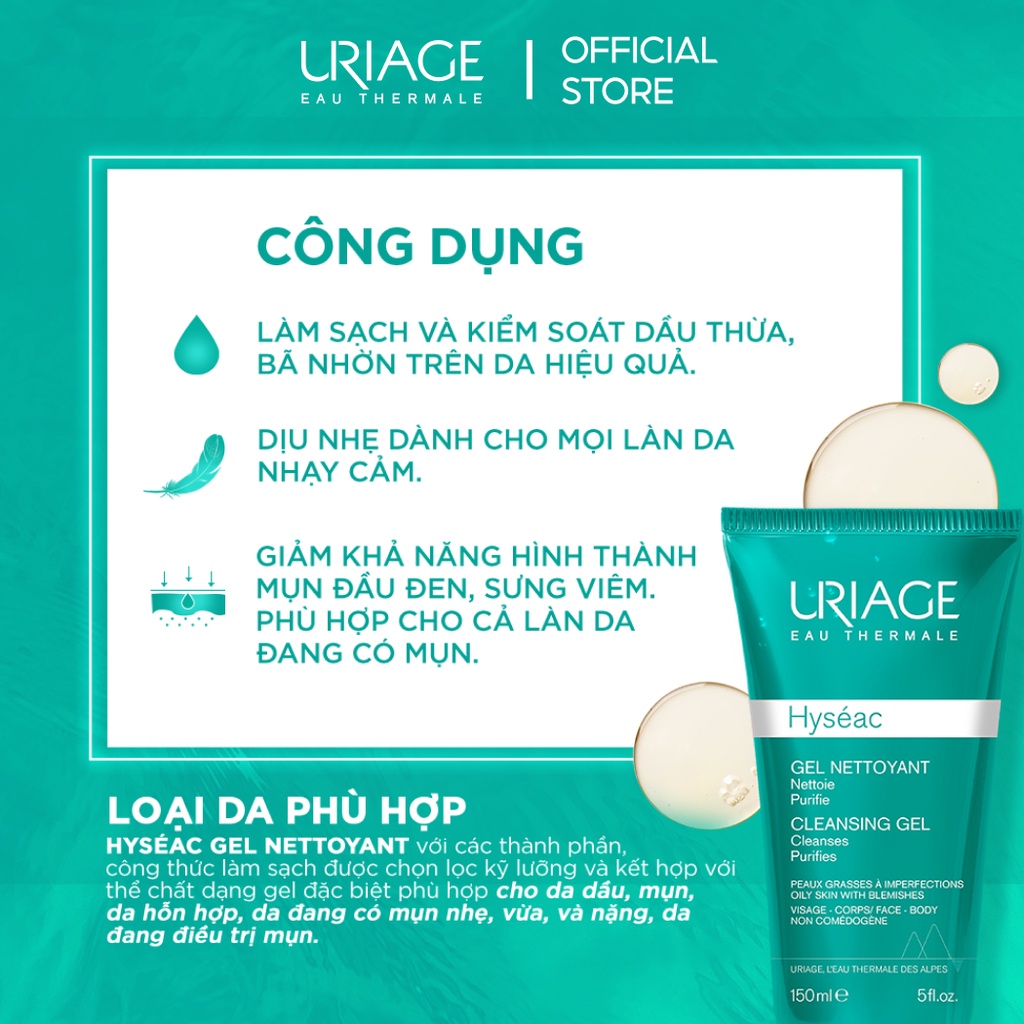 Gel rửa mặt cho da dầu, mụn URIAGE HYSÉAC GEL NETTOYANT 150ml