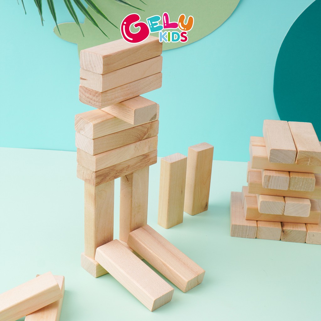 Bộ rút gỗ xếp hình Domino Montessori hình khối đồ chơi lắp ráp 54 thanh an toàn rèn luyện trí thông minh cho trẻ