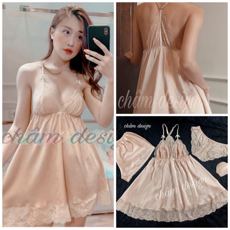 váy ngủ lụa satin màu da có ren lưng sau. Hàng thiết kế độc quyền