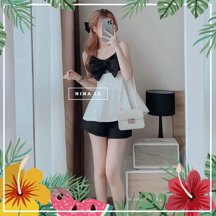 Set áo 2 dây, quần đùi ống rộng thiết kế phối nơ bản to phong cách mùa hè ,đi chơi,bánh bèo - NGỌC HÀ SHOP
