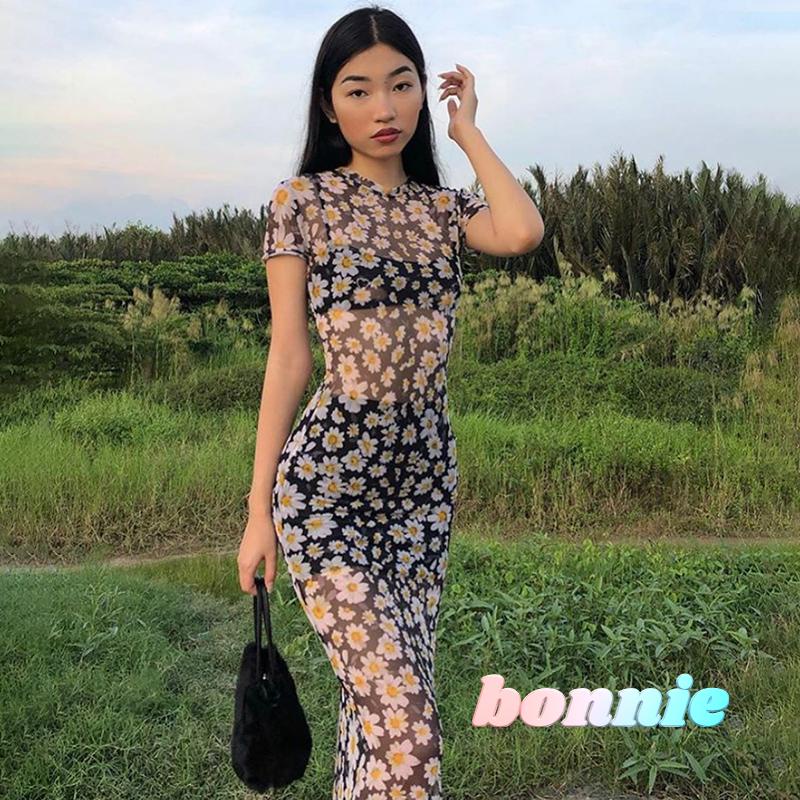 Đầm Ôm Phối Lưới Tay Ngắn Cổ Tròn In Hình Hoa Cúc Cá Tính Cho Nữ
