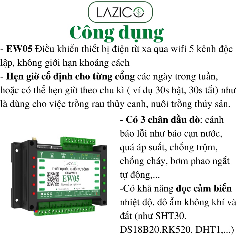 Điều khiển từ xa qua wifi 5 kênh độc lập bằng điện thoại, cấu hình đầu ra thành bơm, van và tải LAZICO EW05