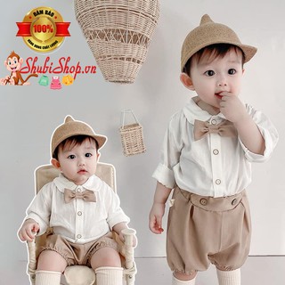 (Loại 1) Set bộ công tử babycity cho bé trai chụp hình - nơ- mũ tỏi + vương miện thêu tên   6-16kg - shubi kids
