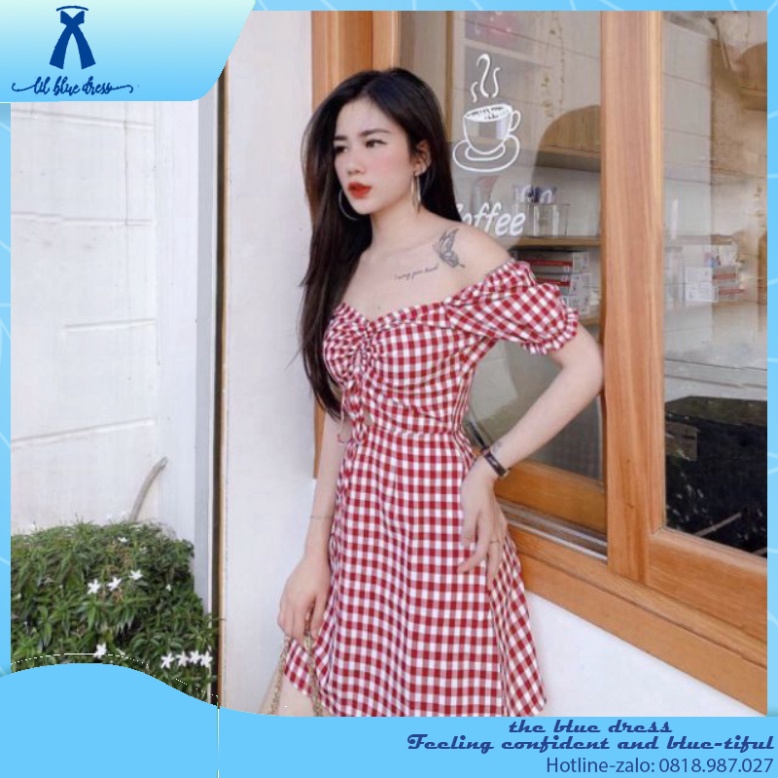 ✨QUẢNG CHÂU✨ Đầm caro nhún ngực dạo phố xinh xắn 🔥FREESHIP🔥 lady xanh cotton cổ V vuông tay phồng chiết eo cao dáng xò