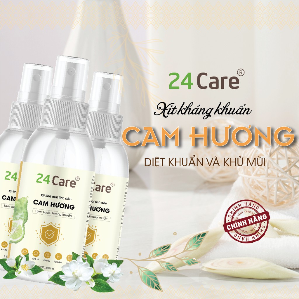 Xịt phòng tinh dầu Cam Hương 50ml 24Care - kháng khuẩn, khử mùi hôi, đuổi muỗi, côn trùng