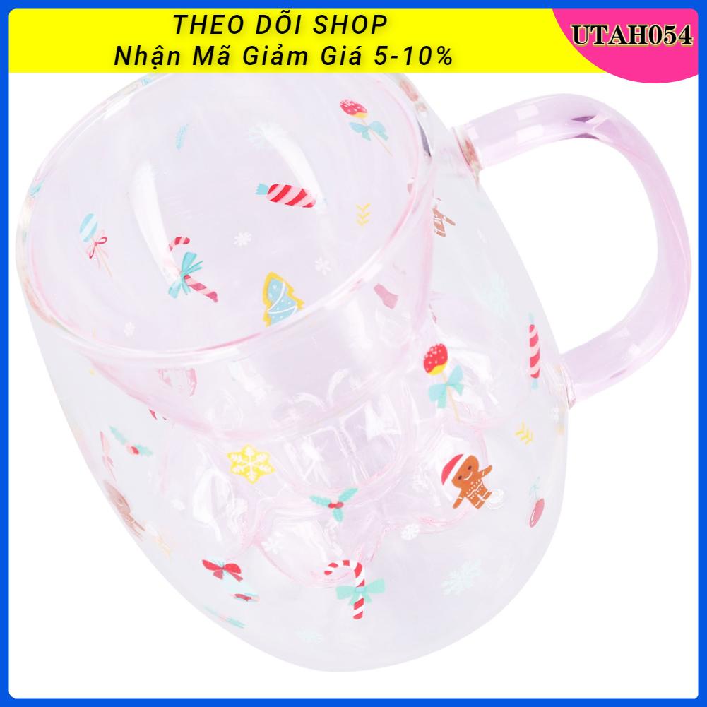 Utah054 Double Wall Cat Coffee Mugs Borosilicate Glass Dễ thương Paw Cup Cốc sữa Giáng sinh 250ml
