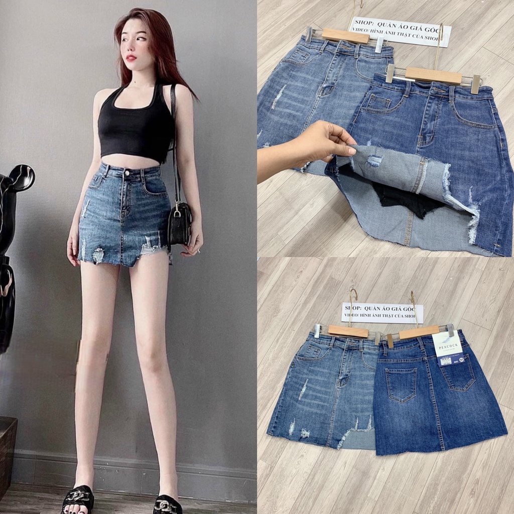Váy jean nữ rách co giãn chân váy jean rách co giãn lưng siêu cao có lót quần