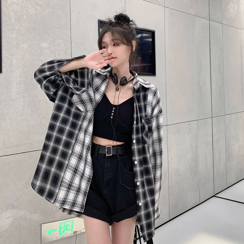 SUXI Áo Khoác Sơ Mi Chống Nắng Dáng Rộng Kẻ Sọc Ca Rô Trắng Đen Kiểu Retro Thời Trang Mùa Thu Cho Nữ