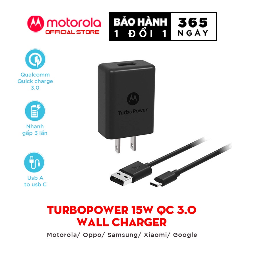 Bộ Sạc Cáp Motorola TurboPower 15+ Wall Charger - Cổng sạc USB 15W - USB A to TypeC/Micro - QC3.0 - Hỗ trợ sạc nhanh