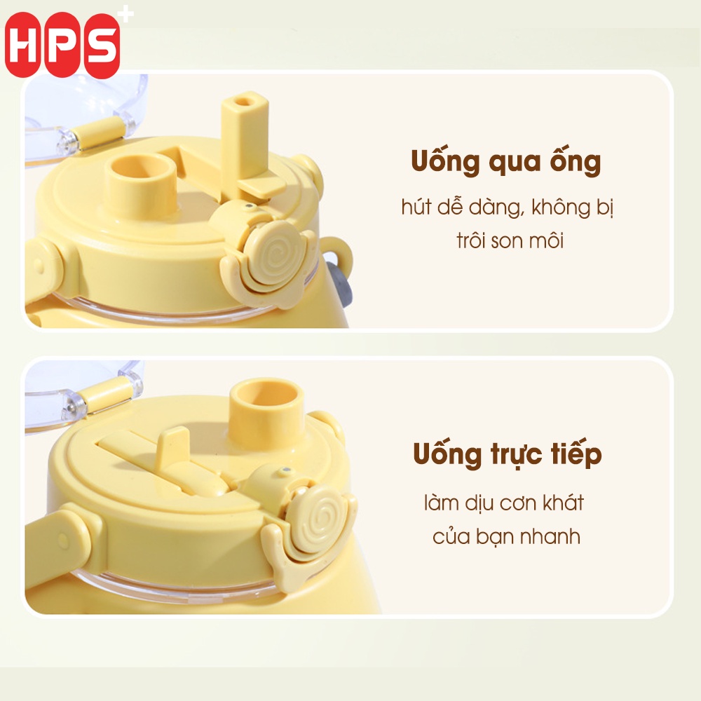 Bình nước 1,3L Bình đựng nước cute chịu nhiệt tốt, 2 đầu hút thẳng và ống hút, quai đeo chéo tiện lợi