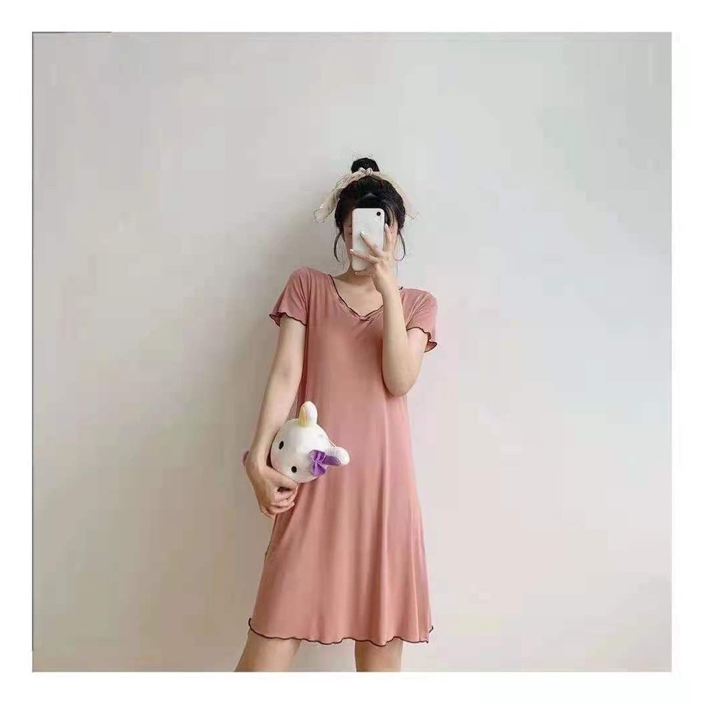 Đầm Ngủ Tay Ngắn Màu Trơn Có Mút Đệm Ngực Dễ Thương Dành Cho Nữ