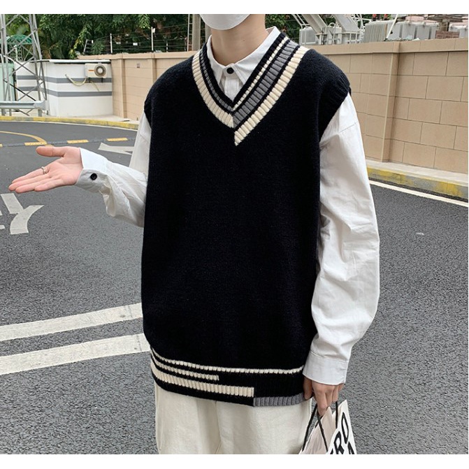 Áo gile len nam form rộng thời trang unisex Hàn Quốc 2021, Áo len không tay gile nam cổ V phối lệch đi học