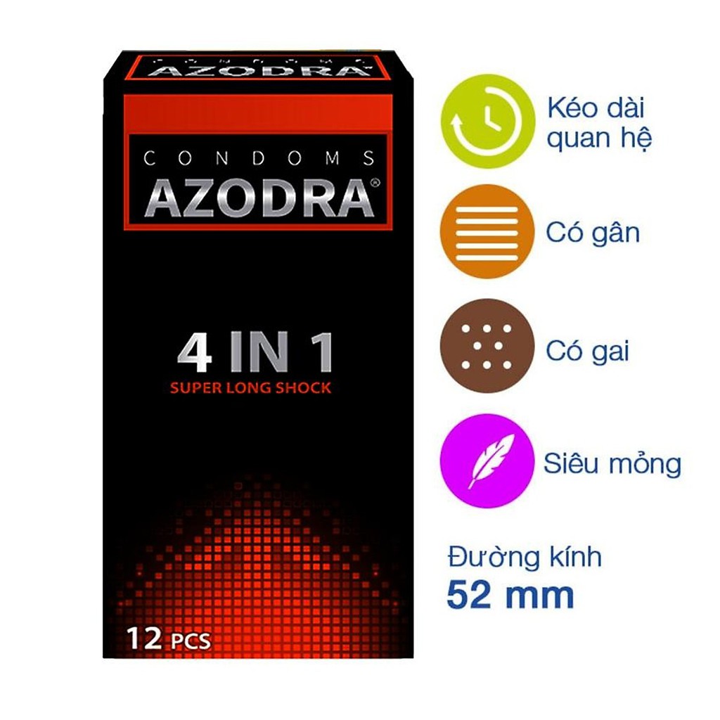 [CHÍNH HÃNG] Bao cao su AZODRA 4in1, GÂN GAI, KÉO DÀI THỜI GIAN, Hộp 12 cái