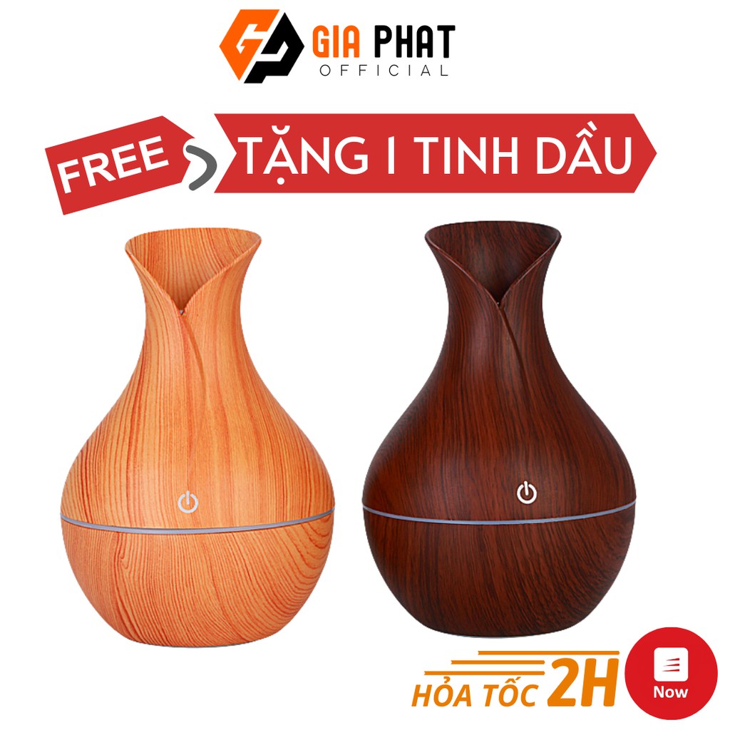 Máy Phun Sương Tạo Ẩm, Máy Khuếch Tán Tinh Dầu Vân Gỗ Cổ Cao + TẶNG KÈM Lọ Tinh Dầu Thiên Nhiên 10ml