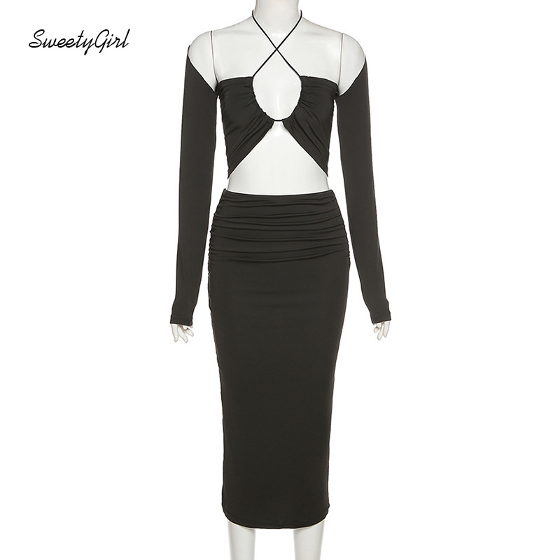 Bộ Áo Croptop Trễ Vai Tay Dài Màu Trơn + Chân Váy Lưng Cao Xếp Ly Thời Trang Cho Nữ