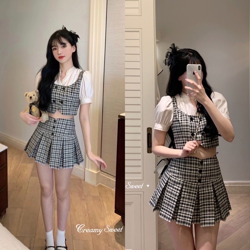 (CÓ SẴN) Set bộ caro áo sơ mi tay phồng gile + chân váy xoè