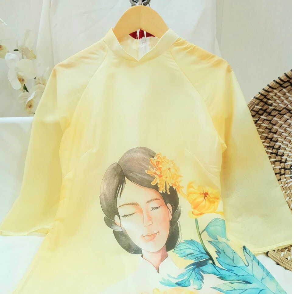 Áo Dài Cô Ba Họa Tiết Cô Gái Vàng ( Set Áo + Quần) | BigBuy360 - bigbuy360.vn