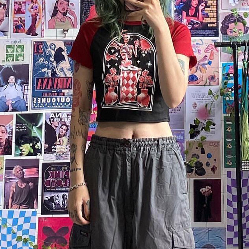 Áo thun croptop MMIOT Y2K tay ngắn in họa tiết đầu lâu phong cách harajuku Hàn Quốc thời trang 2023 cho nữ