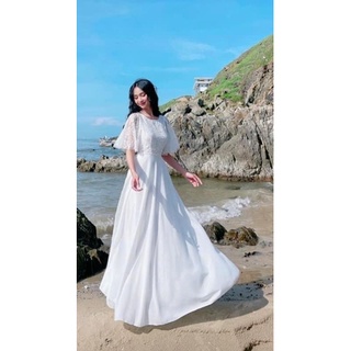 (miễn phí chỉnh váy) đầm maxi voan trắng tay loe cổ kín váy xòe đi biển du lịch chụp ảnh cưới sống ảo nàng thơ