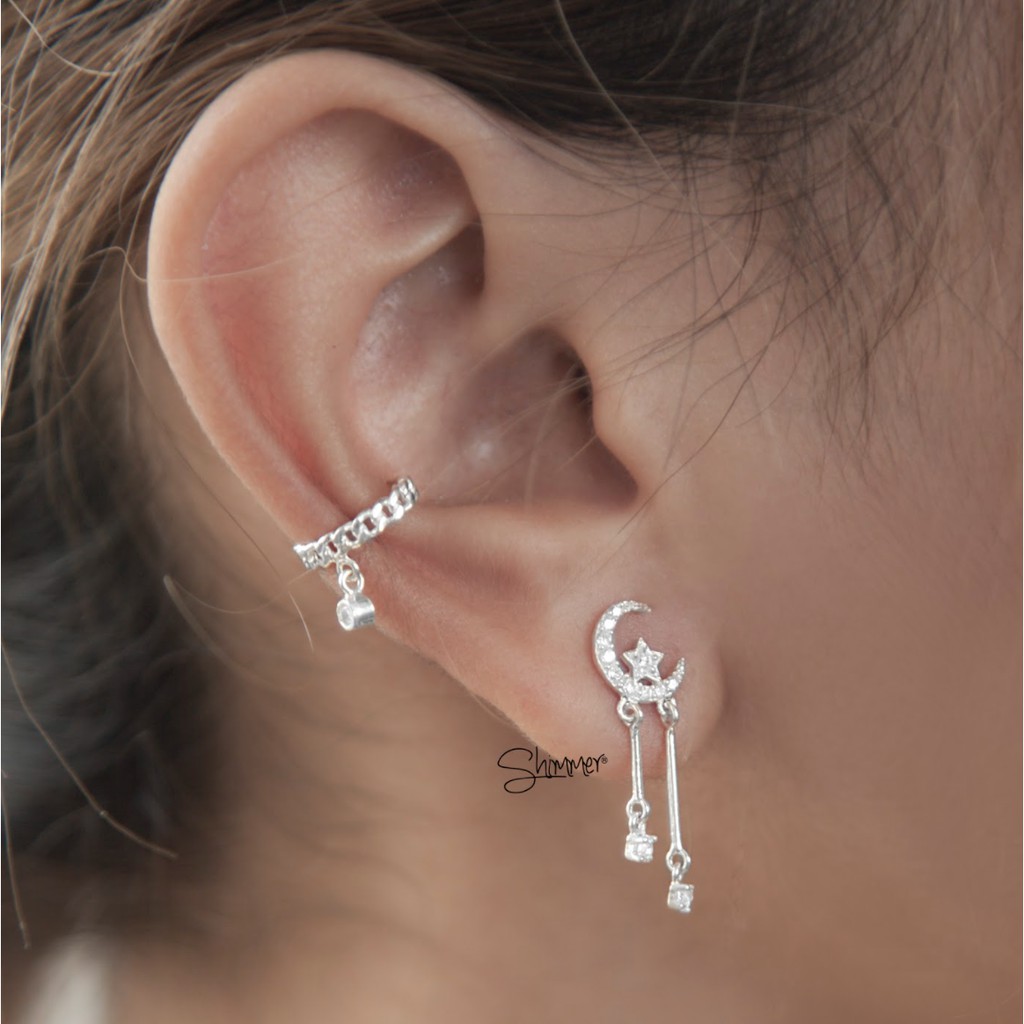 Bông Tai, Khuyên Tai, Hoa Tai Nữ Bạc 925 Cao Cấp SHIMMER SILVER MOONLIGHT Dạng Thả Thiết Kế Hình Mặt Trăng