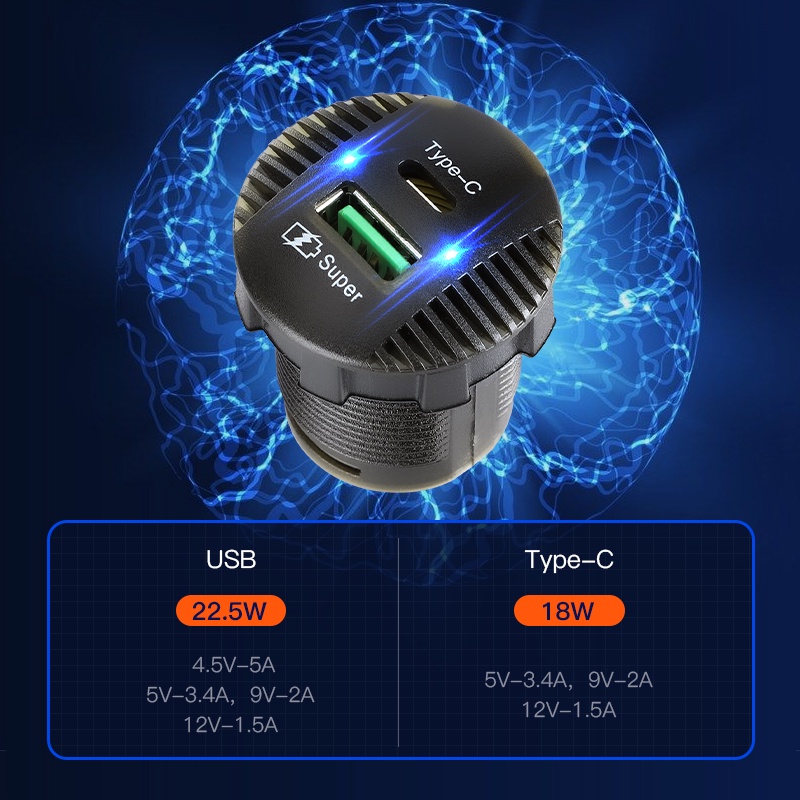 Bộ Sạc Nhanh Type C Hai Cổng USB 66W Max Dành Cho Xe Mô Tô/Tàu Thuyền/Xe Hơi