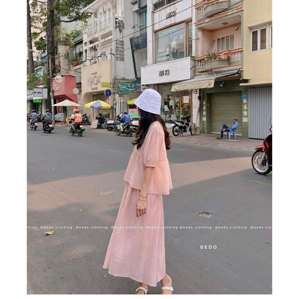 Set áo gân tay bồng kèm chân váy dáng dài 5 màu
